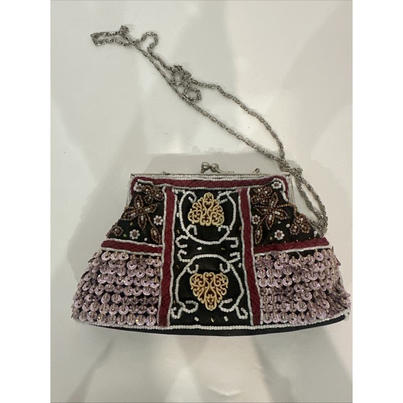 Vintage Small Ladies Black And Multicolor Beaded Coin Crossbody - Picture 6 of 9